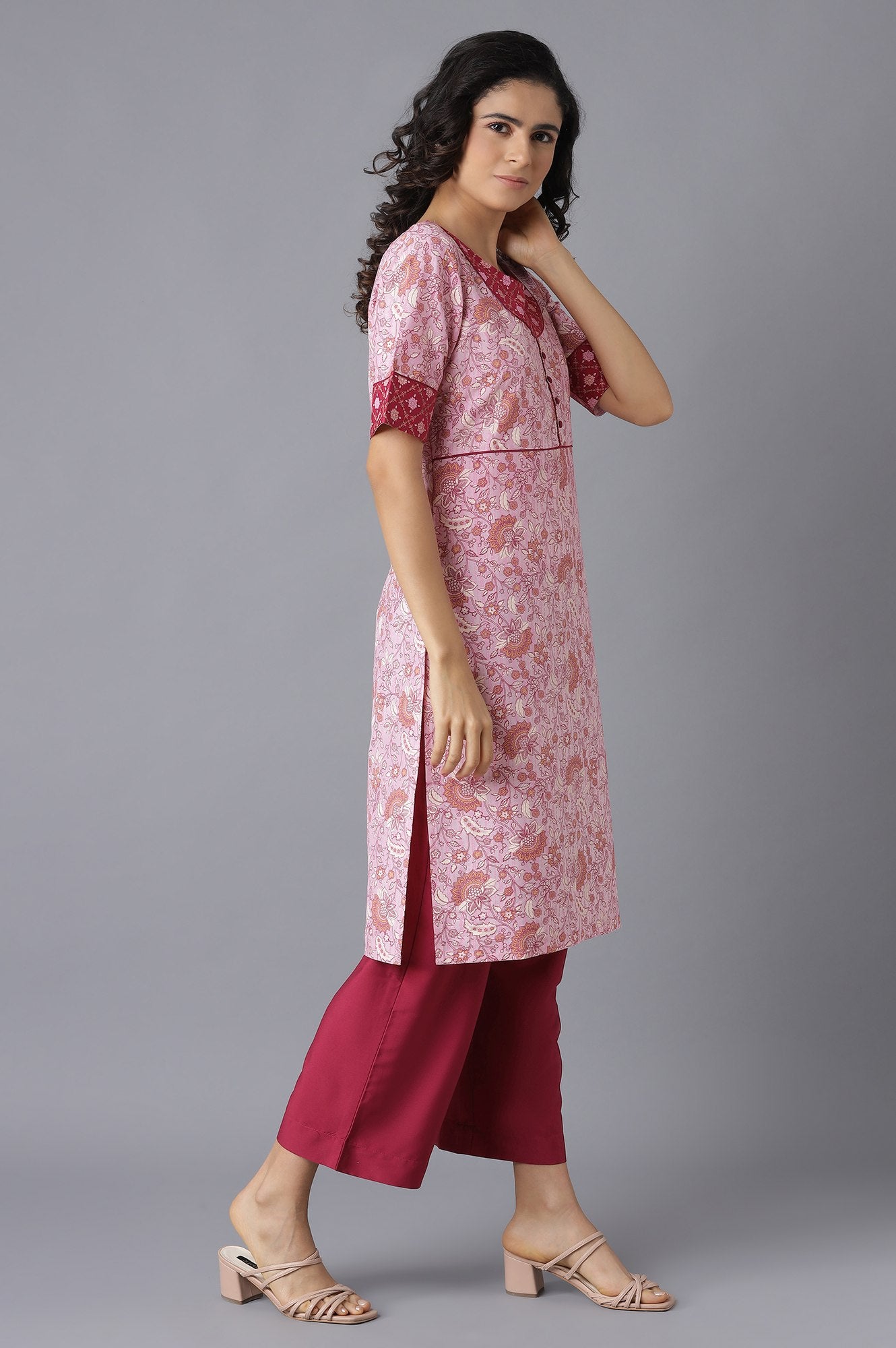 Pink Printed Ethnic kurta and Culottes Set