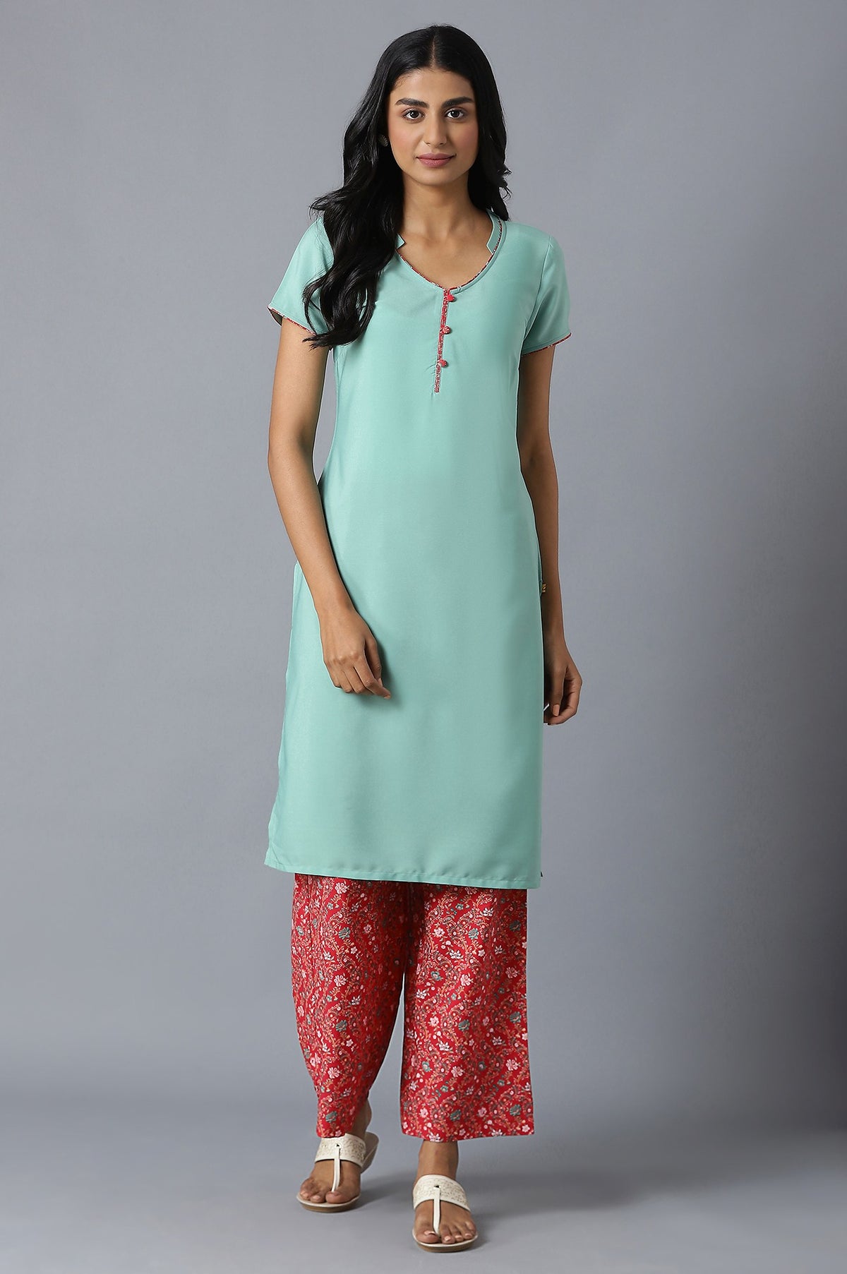 Green kurta and Red Palazzo Set - S