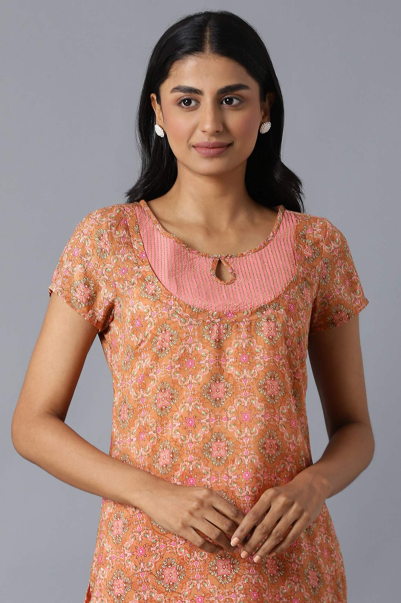 Brown Floral Printed kurta In Round Neck With Pink Straight Palazzo