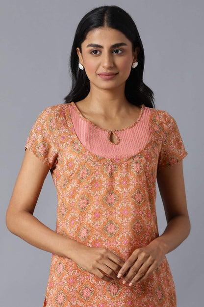 Brown Floral Printed kurta In Round Neck With Pink Straight Palazzo