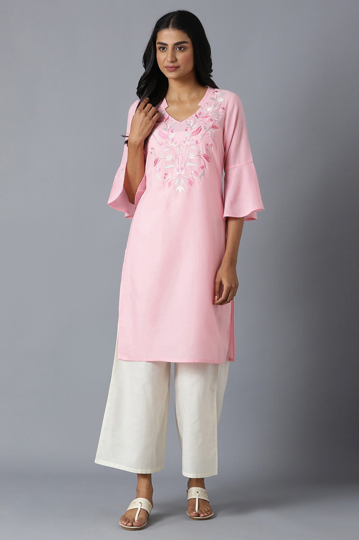 Ice Pink Embroidered kurta Inn V-Neck With Yellow Straight Palazzo - XS