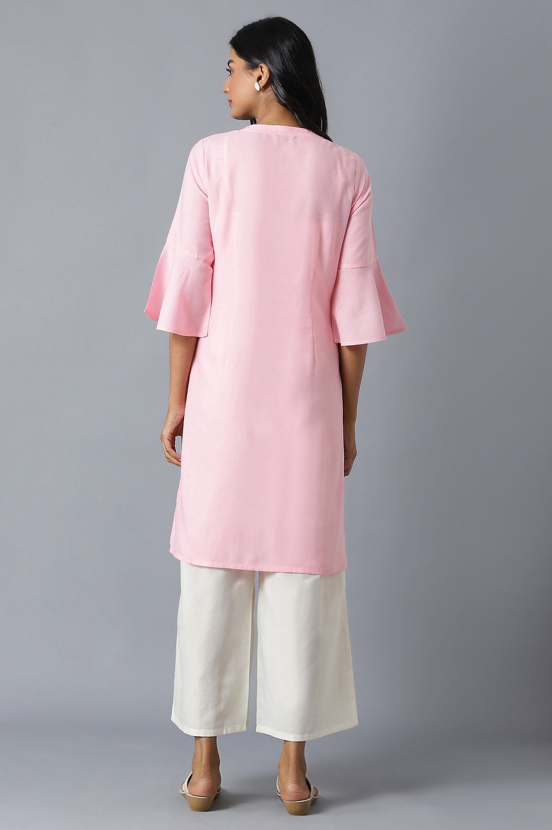 Ice Pink Embroidered kurta Inn V-Neck With Yellow Straight Palazzo