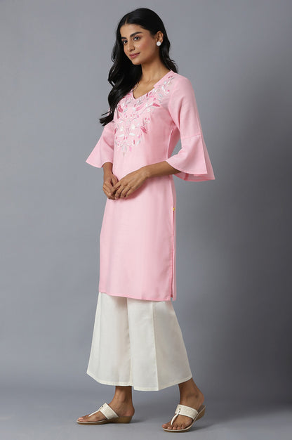 Ice Pink Embroidered kurta Inn V-Neck With Yellow Straight Palazzo