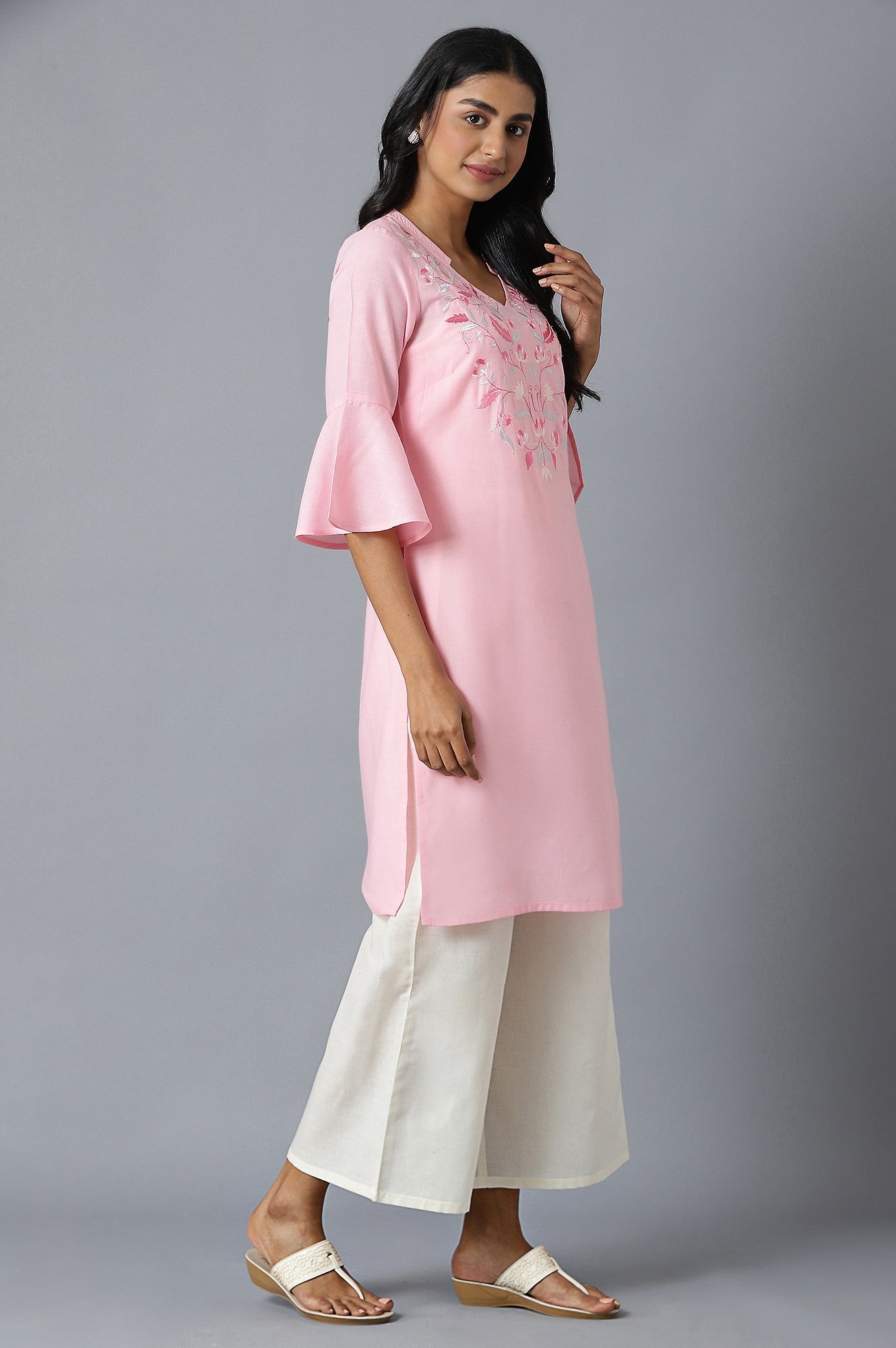 Ice Pink Embroidered kurta Inn V-Neck With Yellow Straight Palazzo