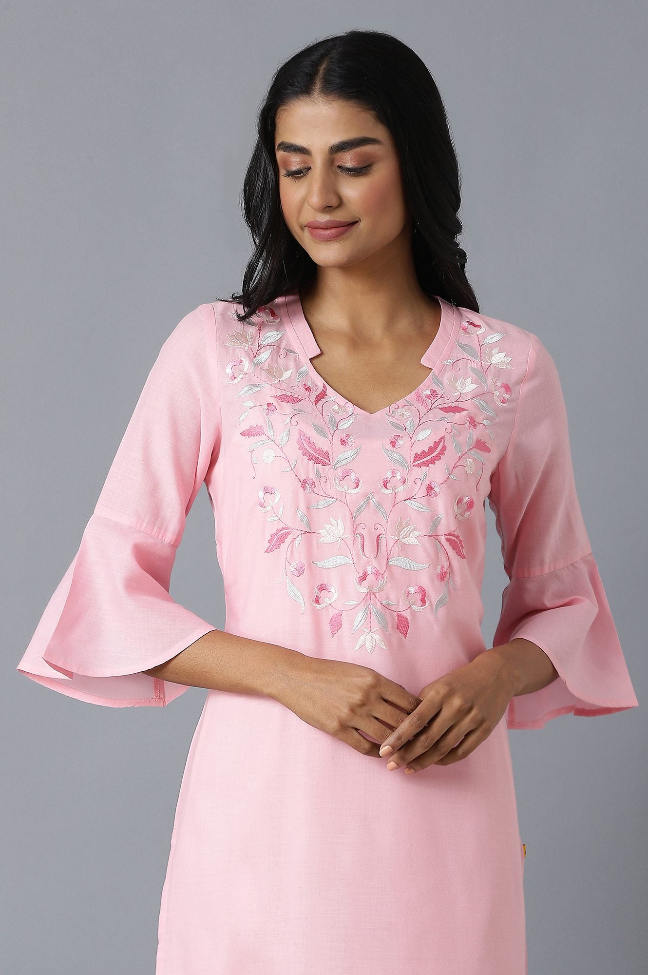 Ice Pink Embroidered kurta Inn V-Neck With Yellow Straight Palazzo