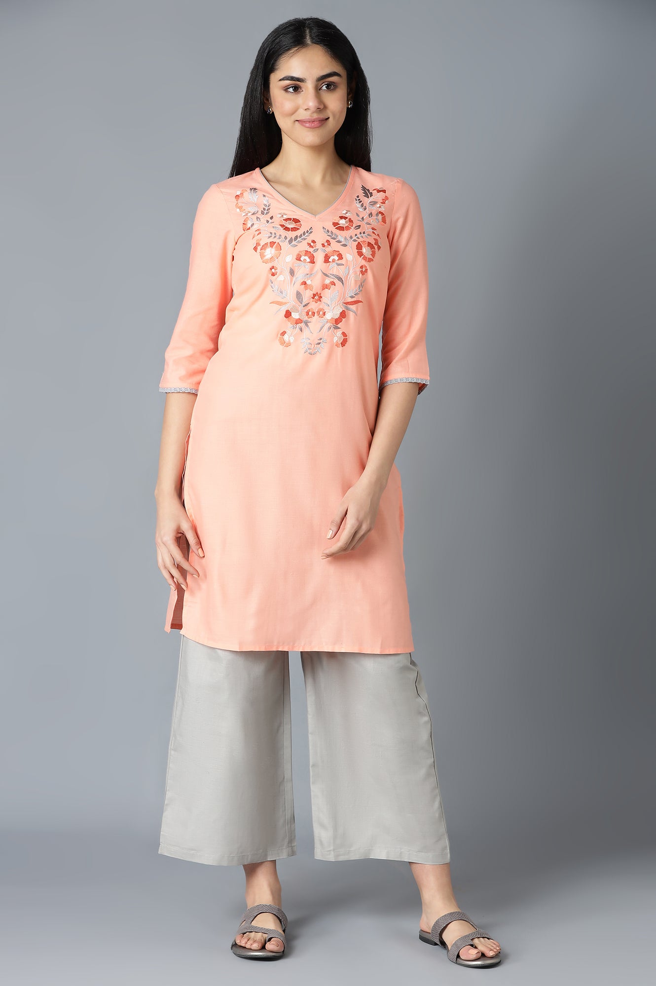 Orange Embroidered kurta Inn V-Neck With Grey Straight Palazzo