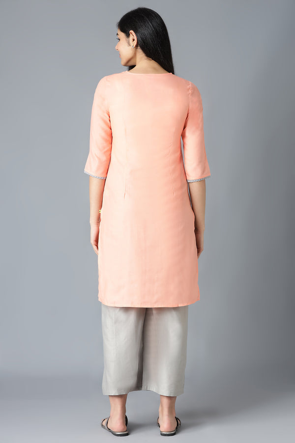 Orange Embroidered kurta Inn V-Neck With Grey Straight Palazzo