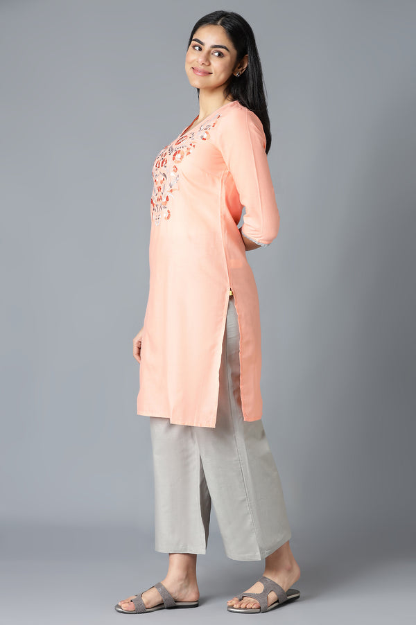 Orange Embroidered kurta Inn V-Neck With Grey Straight Palazzo
