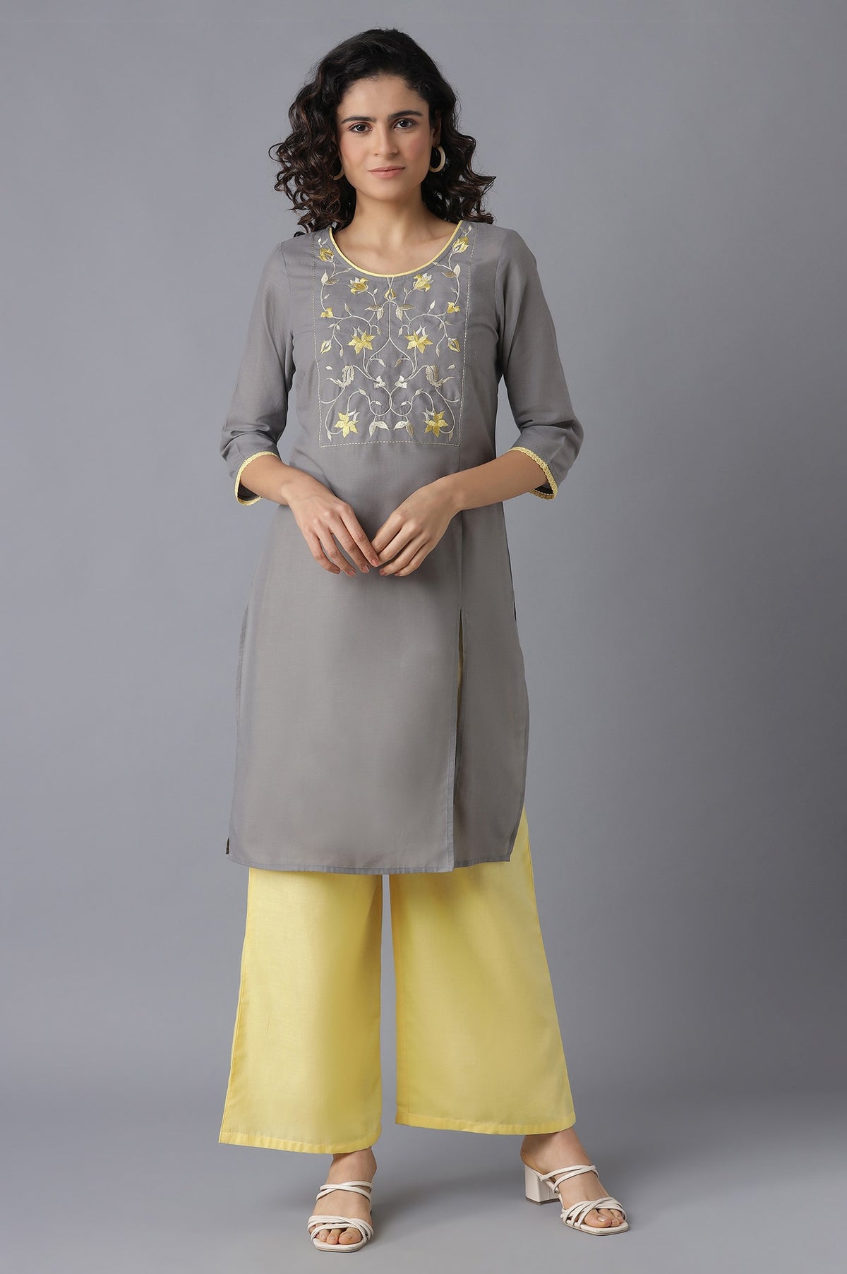 Grey kurta and Yellow Palazzo Set - XS