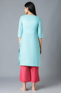 Blue Embroidered kurta In Round Neck With Pink Straight Palazzo