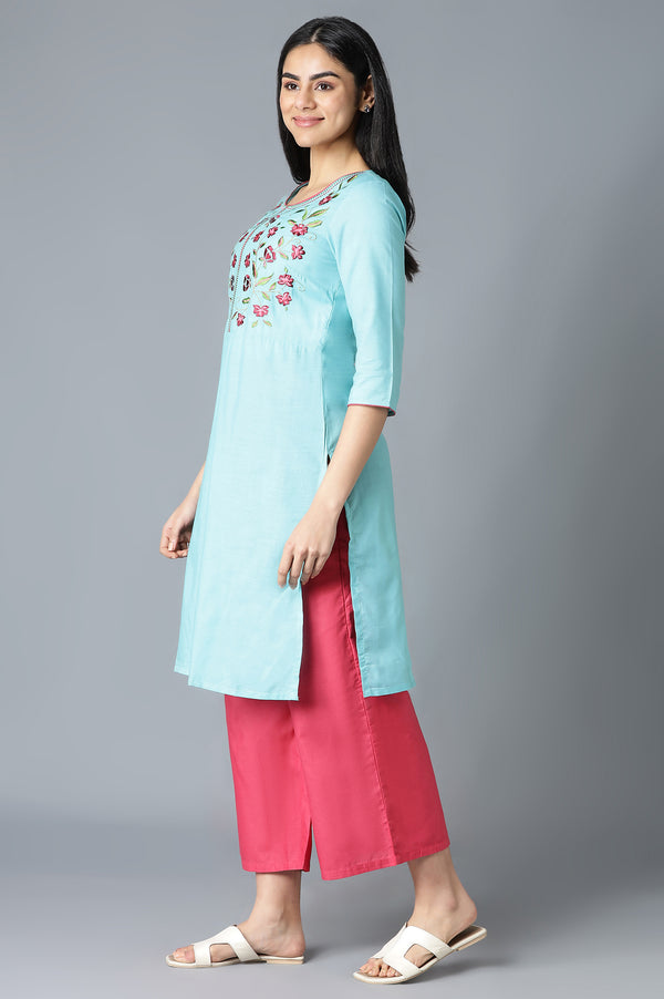 Blue Embroidered kurta In Round Neck With Pink Straight Palazzo