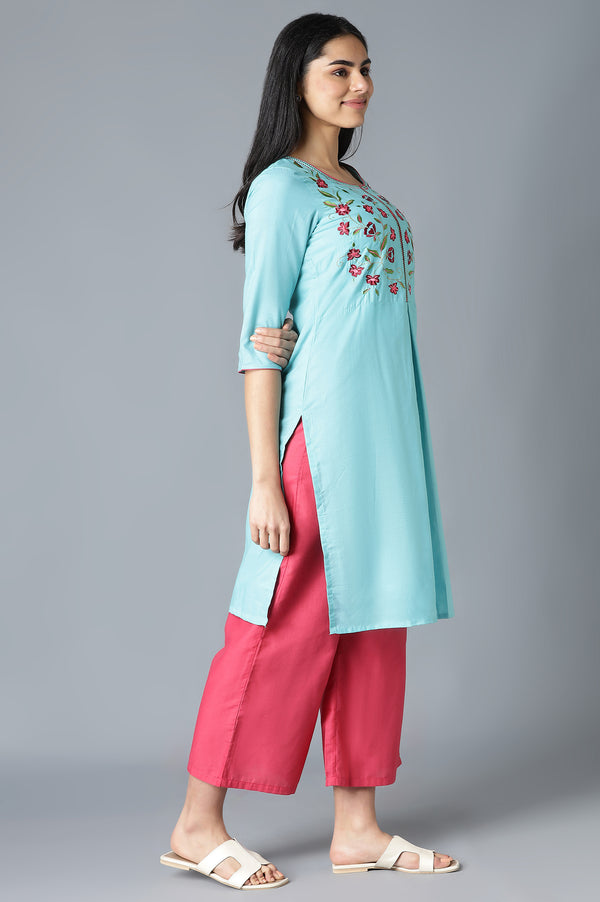 Blue Embroidered kurta In Round Neck With Pink Straight Palazzo