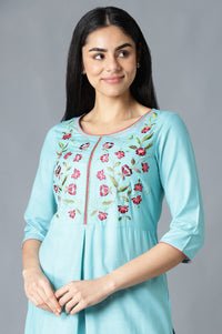 Blue Embroidered kurta In Round Neck With Pink Straight Palazzo