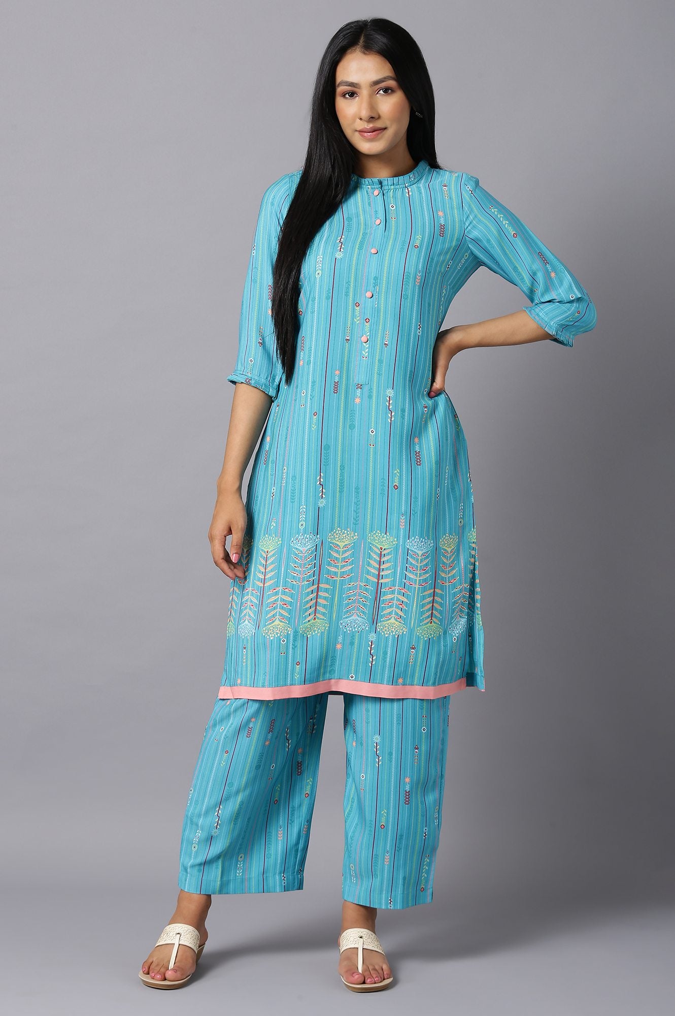 Aure Collection By Aurelia Blue Floral Print kurta And Culottes Set