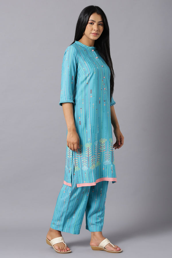 Aure Collection By Aurelia Blue Floral Print kurta And Culottes Set