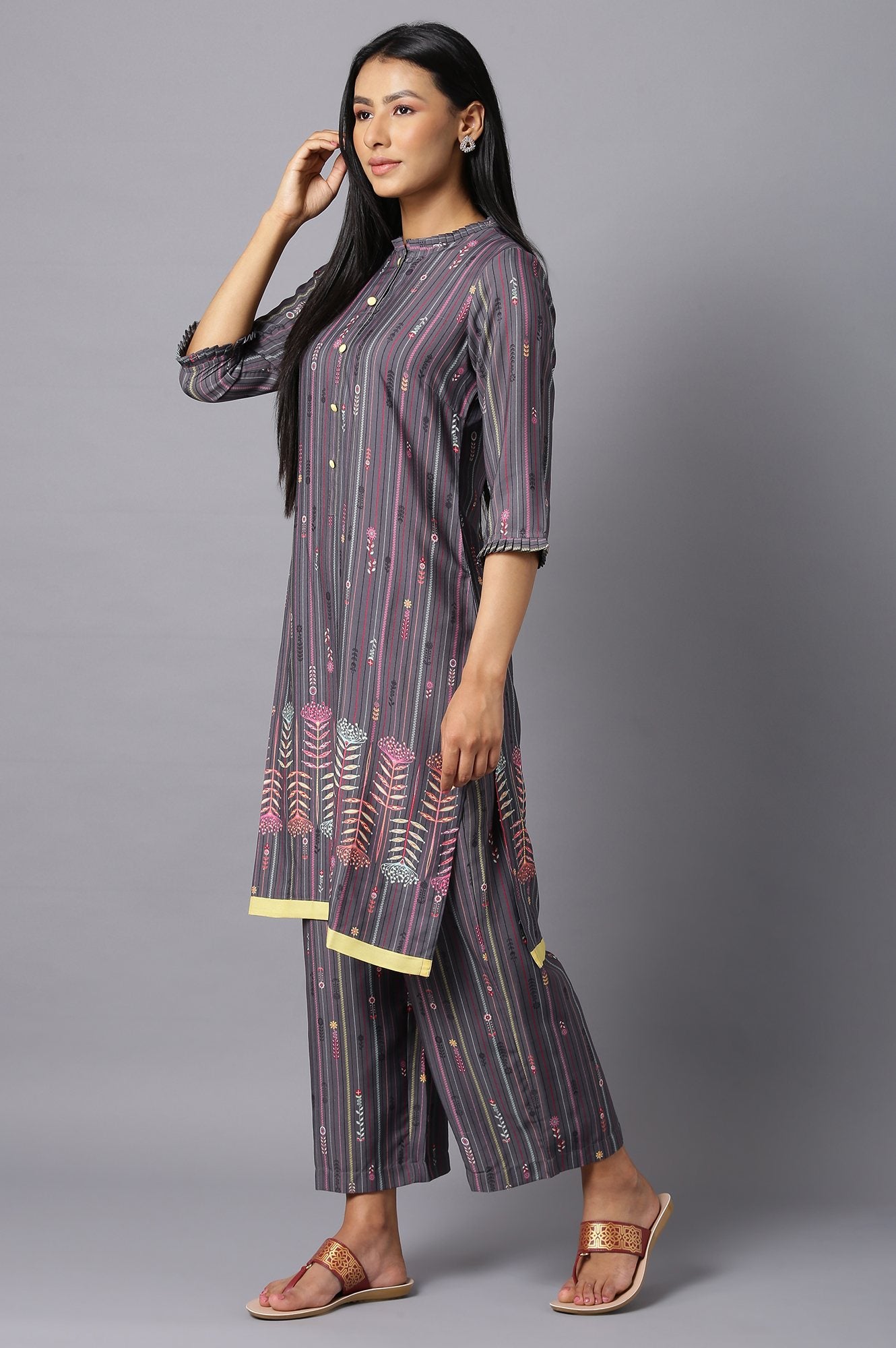 Aure Collection By Aurelia Dark Grey Floral Print kurta And Culottes Set