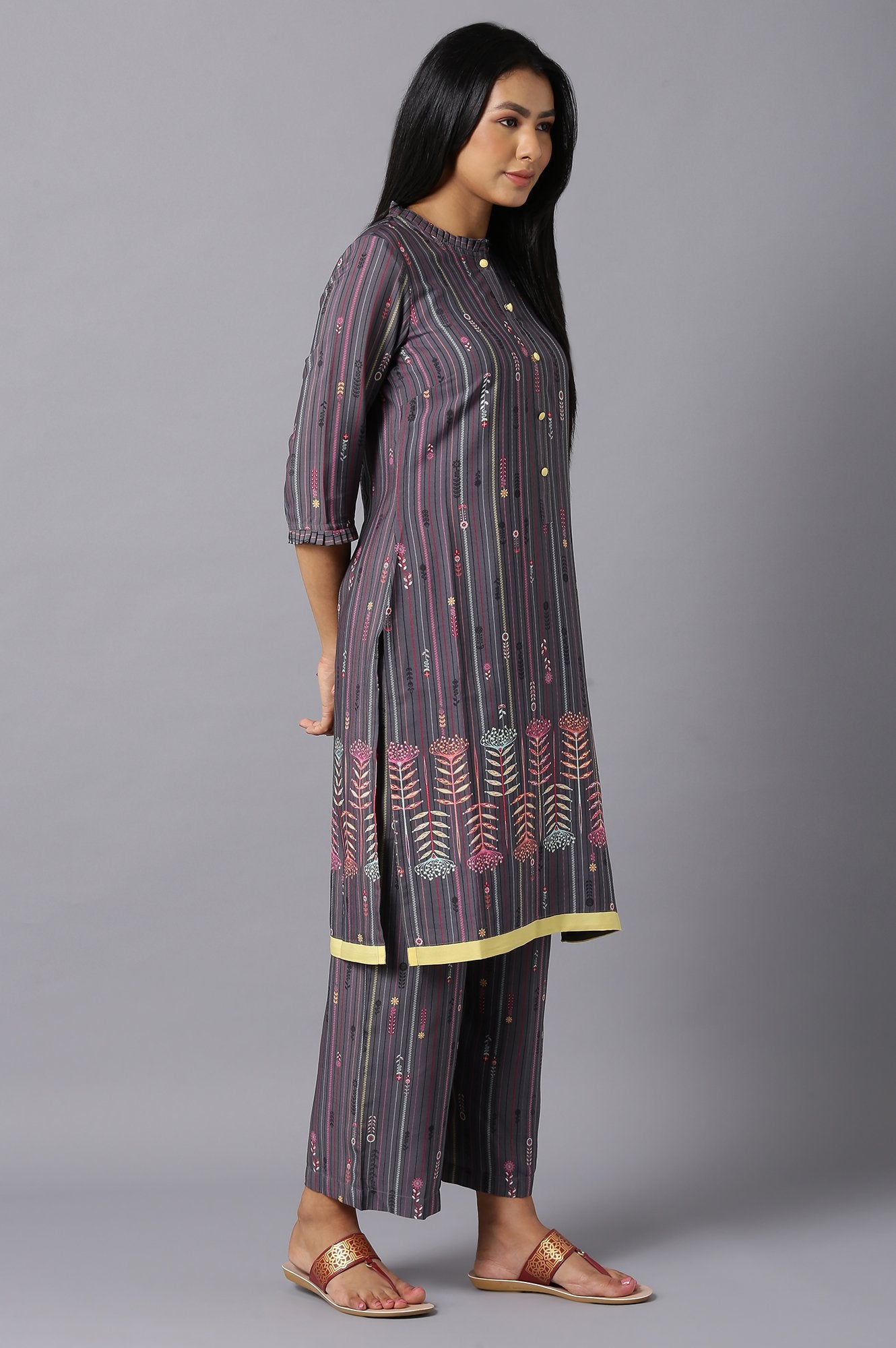 Aure Collection By Aurelia Dark Grey Floral Print kurta And Culottes Set