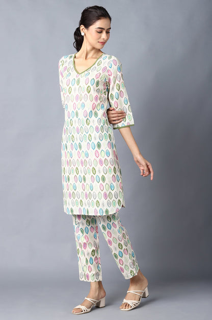 Green Floral Printed V-Neck kurta With Straight Trousers