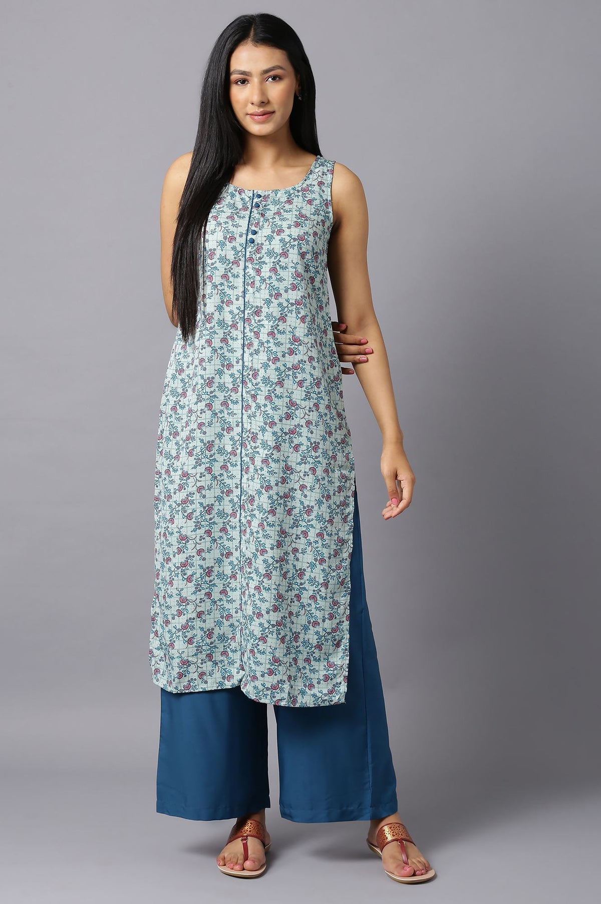 Aure Collection By Aurelia Mint Green Floral kurta With Blue Palazzo - XS