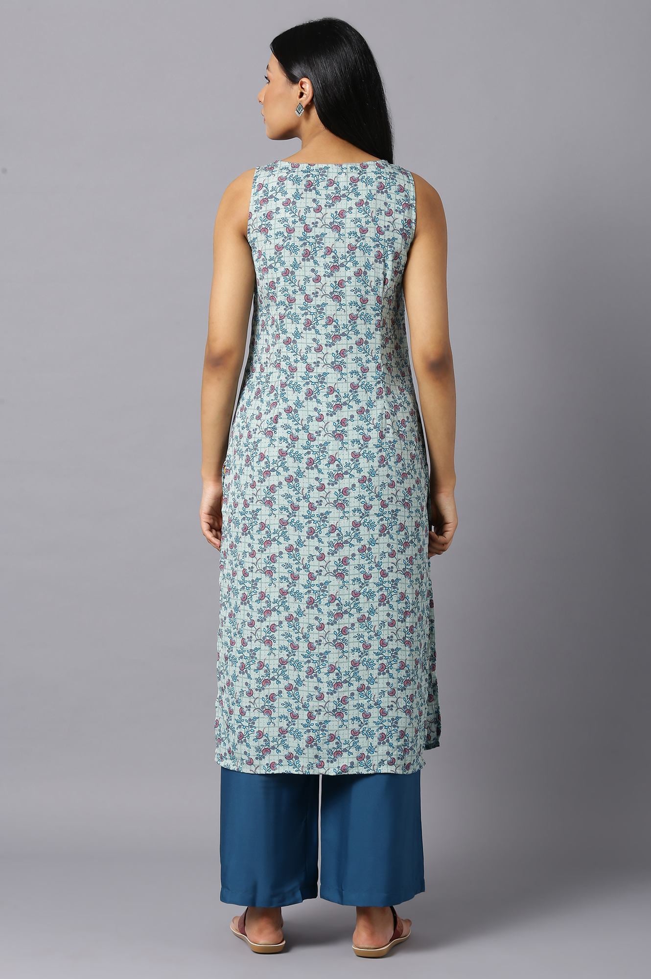 Aure Collection By Aurelia Mint Green Floral kurta With Blue Palazzo