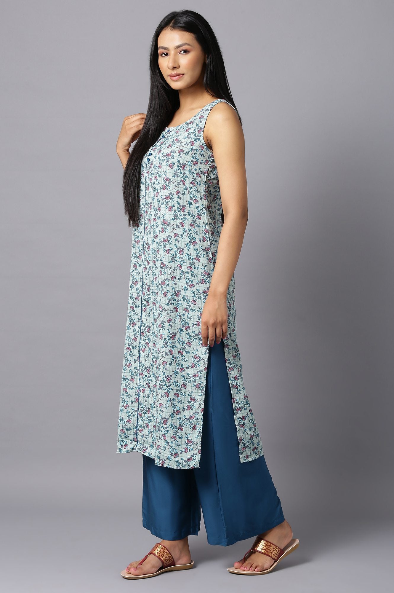 Aure Collection By Aurelia Mint Green Floral kurta With Blue Palazzo