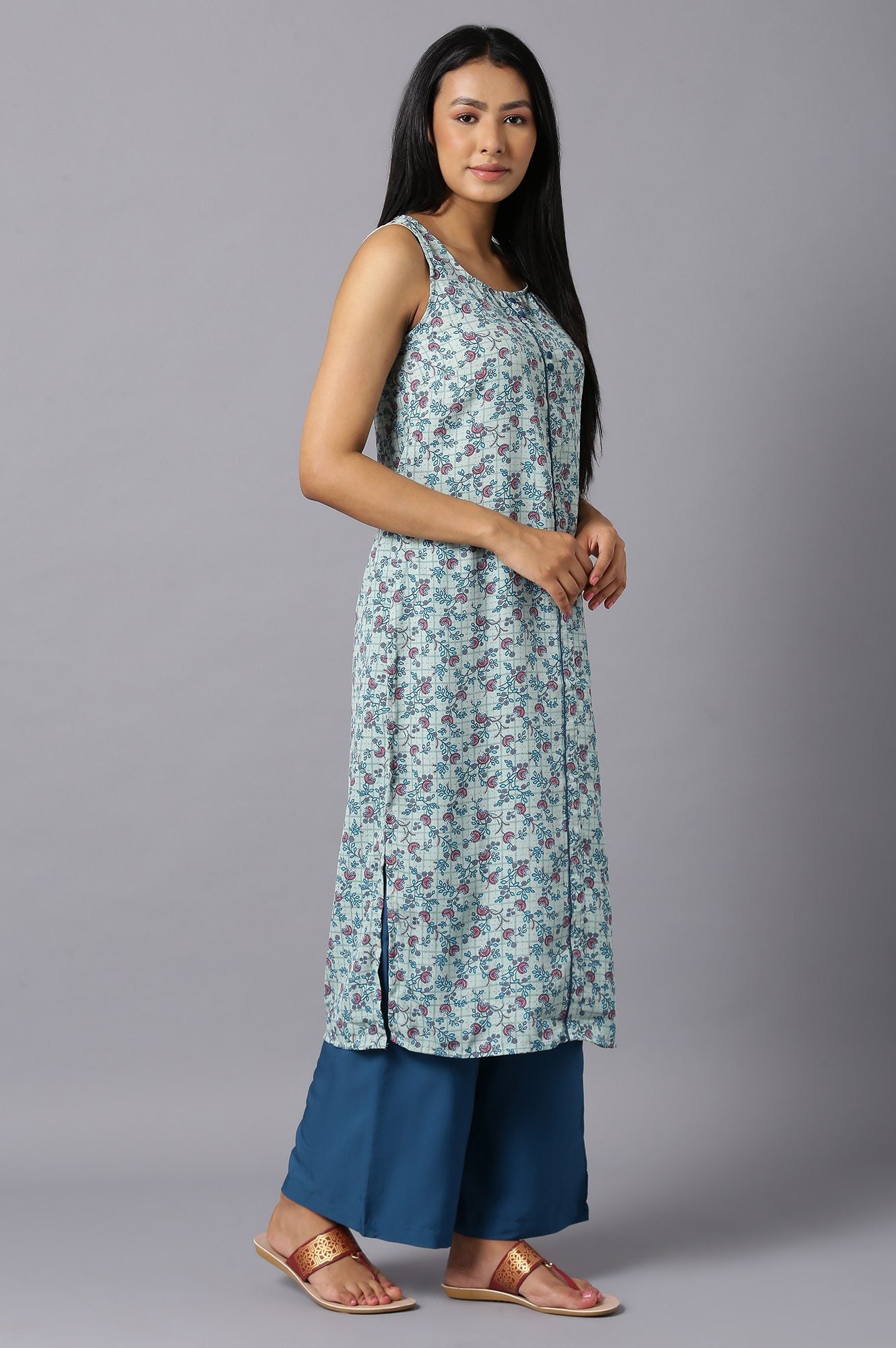 Aure Collection By Aurelia Mint Green Floral kurta With Blue Palazzo