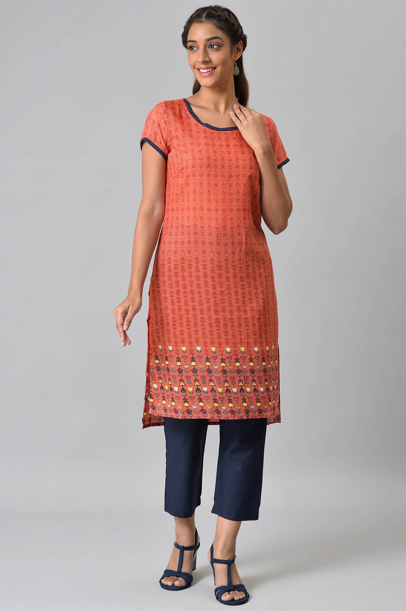 Orange Floral Printed High-Low kurta With Blue Trousers