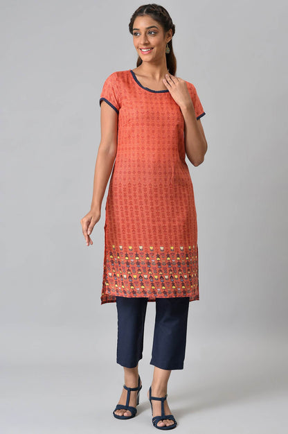 Orange Floral Printed High-Low kurta With Blue Trousers