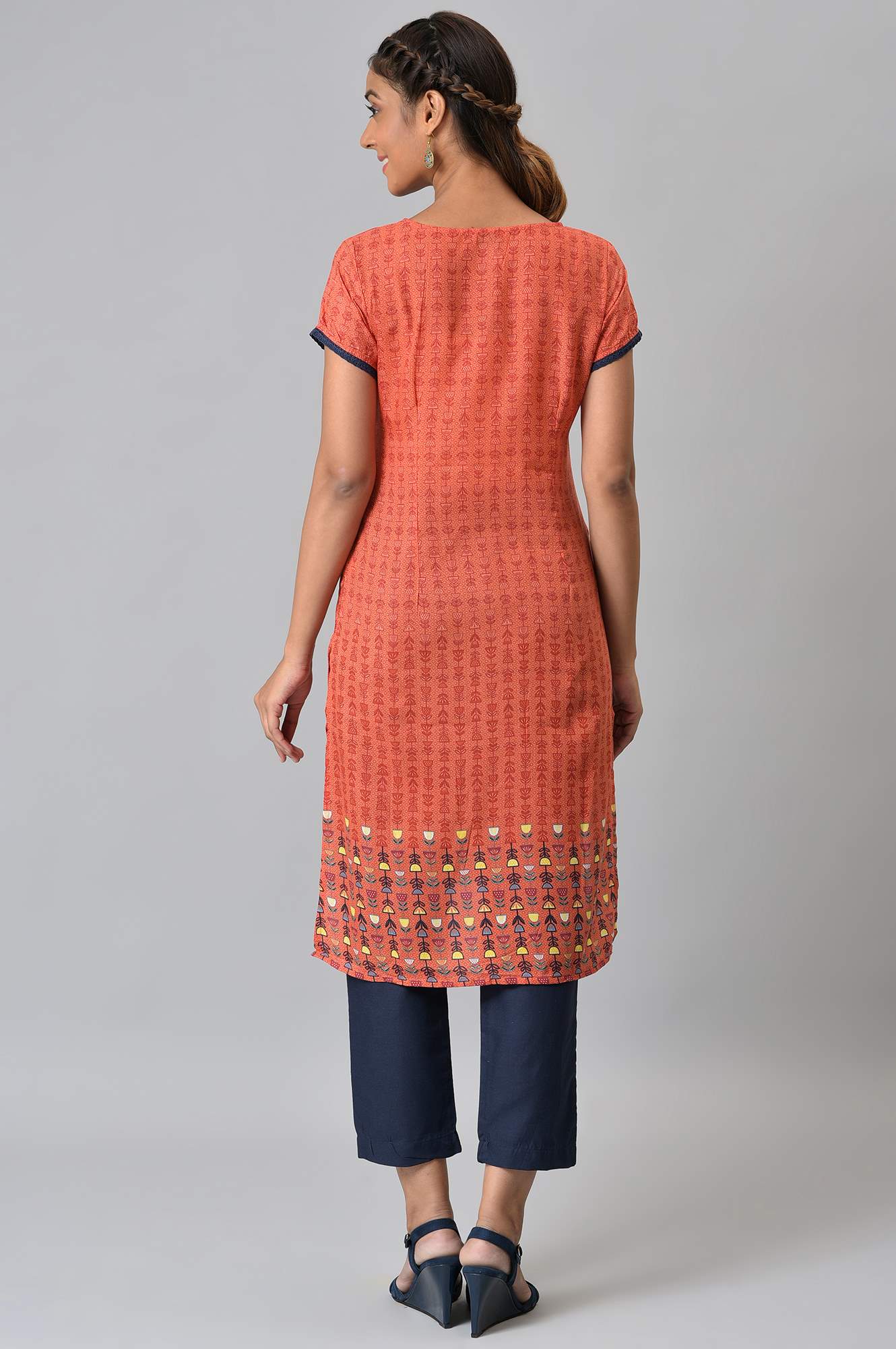 Orange Floral Printed High-Low kurta With Blue Trousers