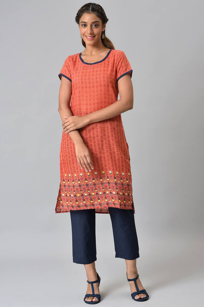 Orange Floral Printed High-Low kurta With Blue Trousers