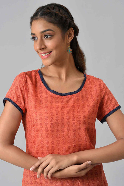 Orange Floral Printed High-Low kurta With Blue Trousers