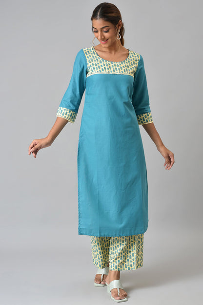 Blue Solid kurta With Yellow Printed Trousers