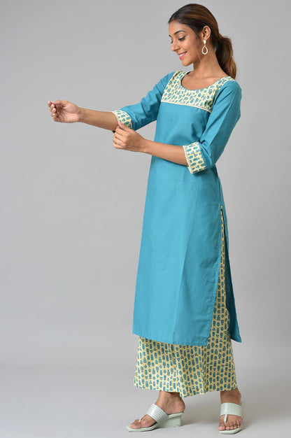 Blue Solid kurta With Yellow Printed Trousers