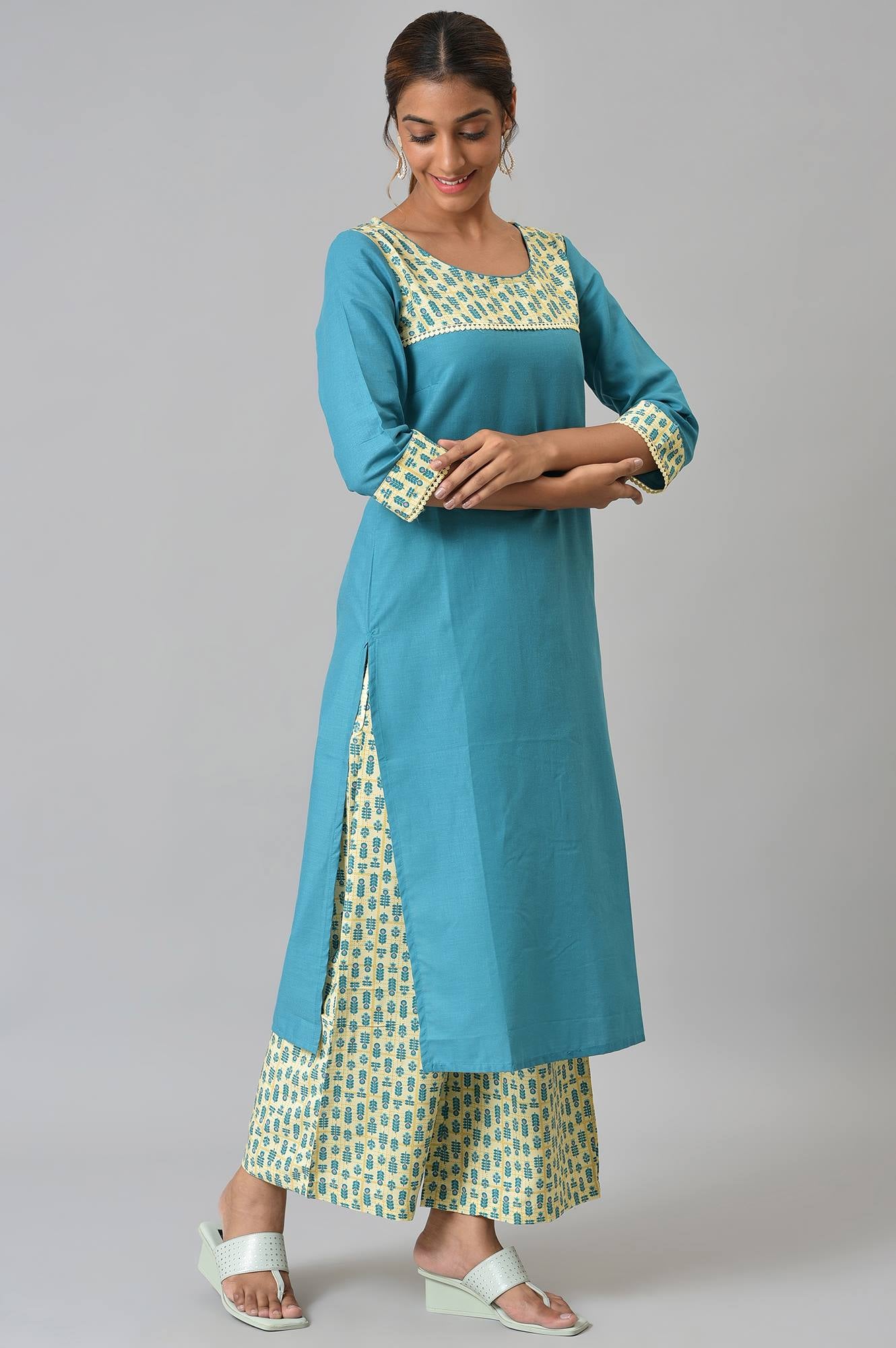 Blue Solid kurta With Yellow Printed Trousers