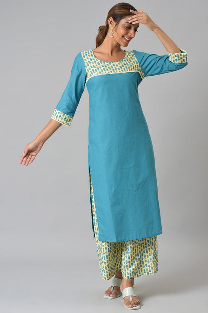 Blue Solid kurta With Yellow Printed Trousers