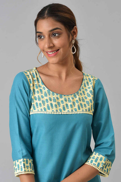 Blue Solid kurta With Yellow Printed Trousers