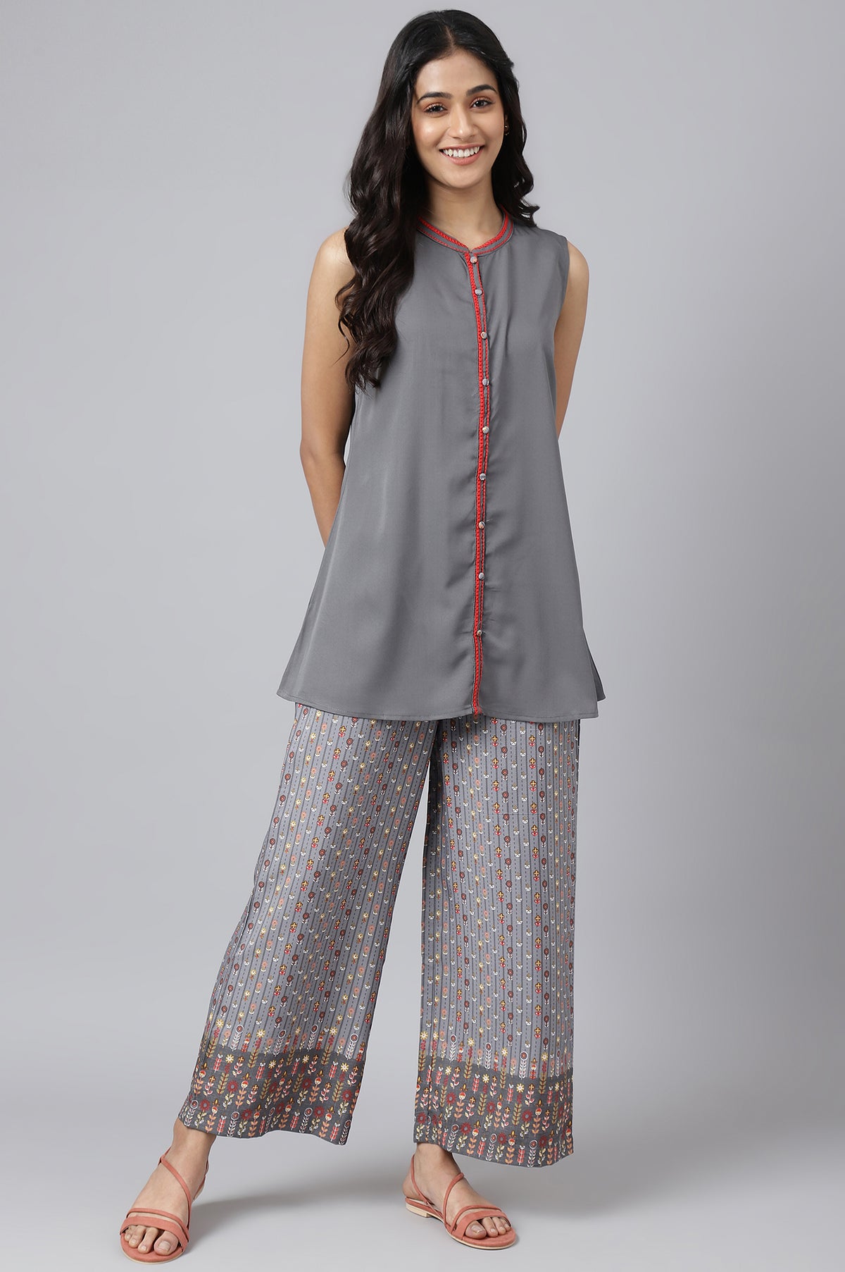 Steel Grey Short kurta With Printed Palazzo - XS