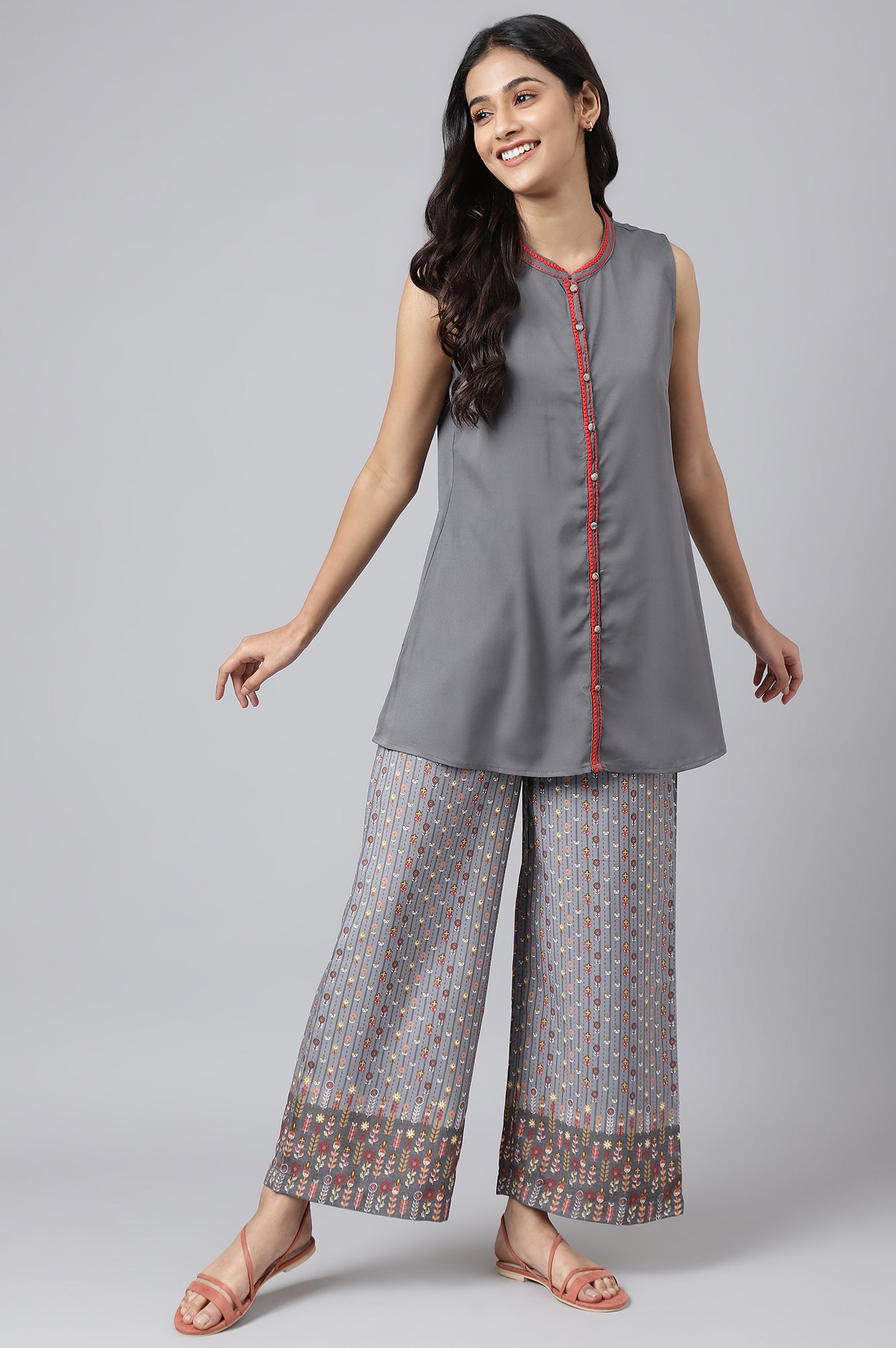 Steel Grey Short kurta With Printed Palazzo