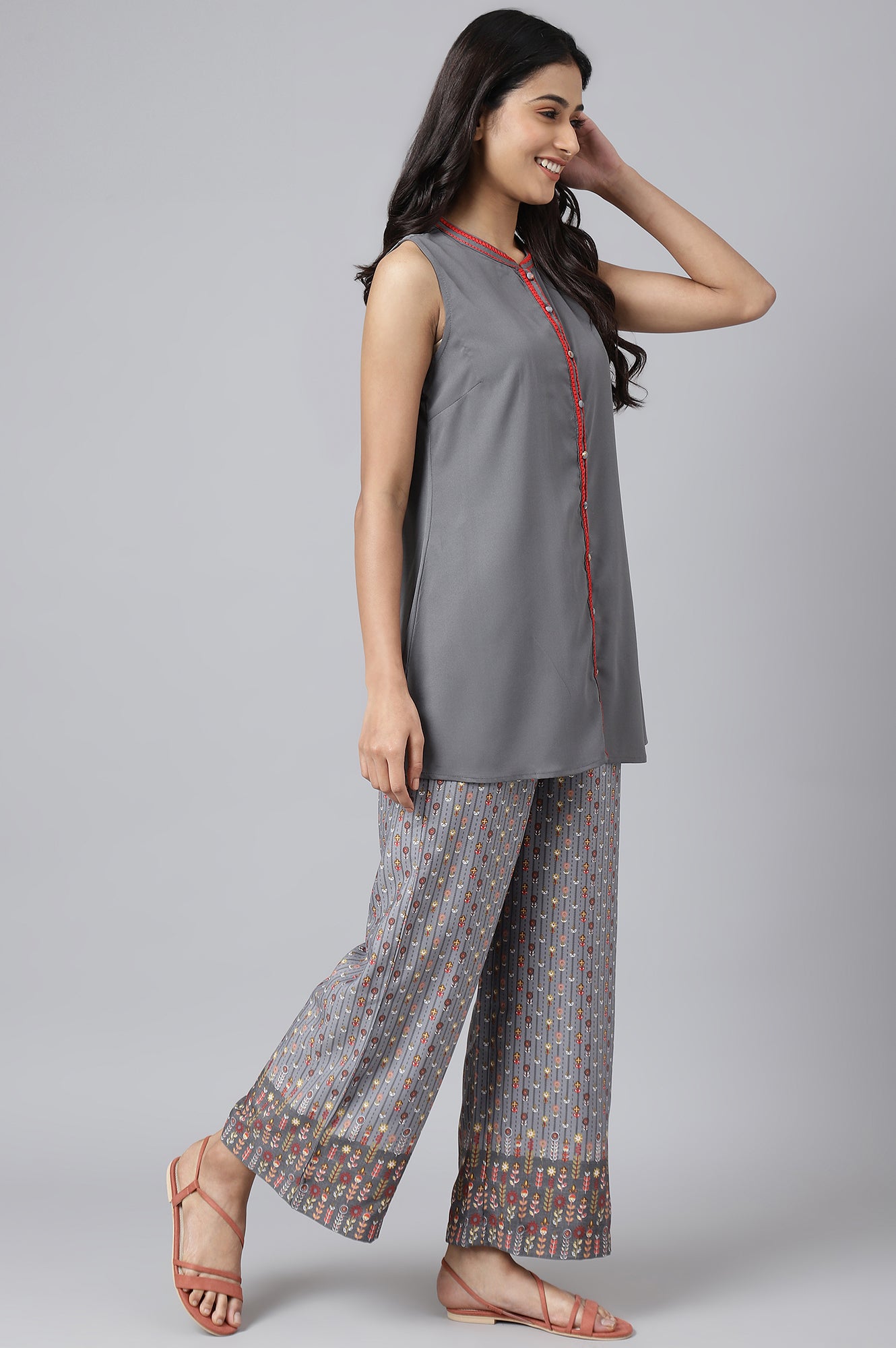 Steel Grey Short kurta With Printed Palazzo