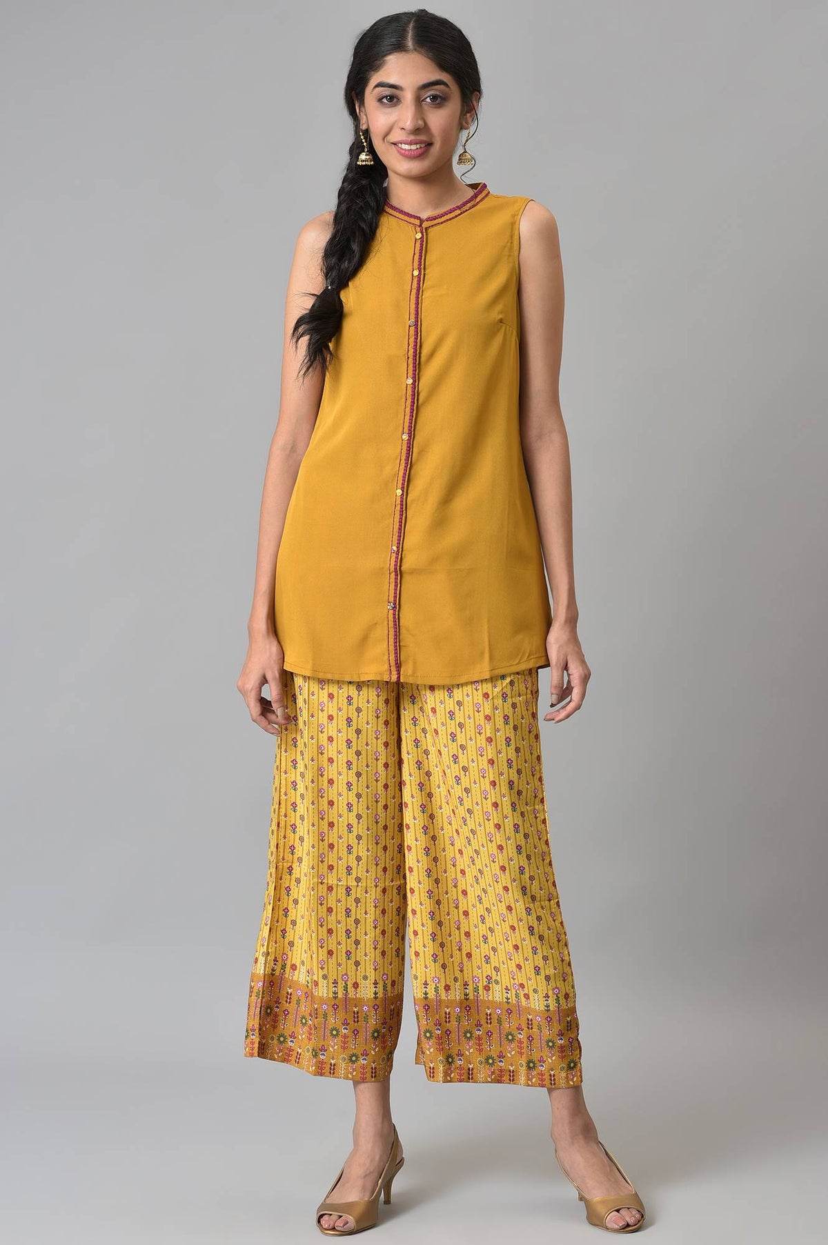 Brown Sleeveless Short kurta With Printed Palazzo - XS