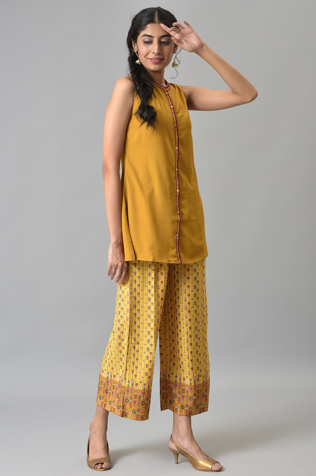 Brown Sleeveless Short kurta With Printed Palazzo