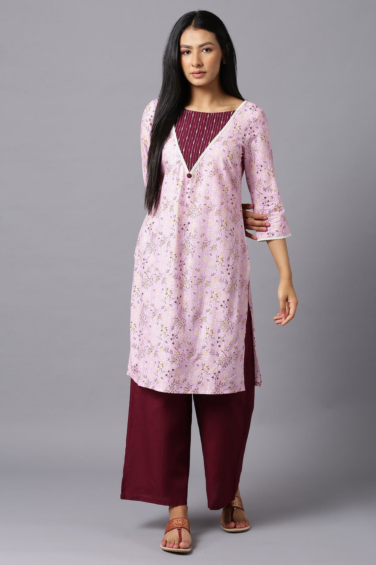 Aure Collection By Aurelia Pink Floral Printed kurta With Wine Palazzo - XS