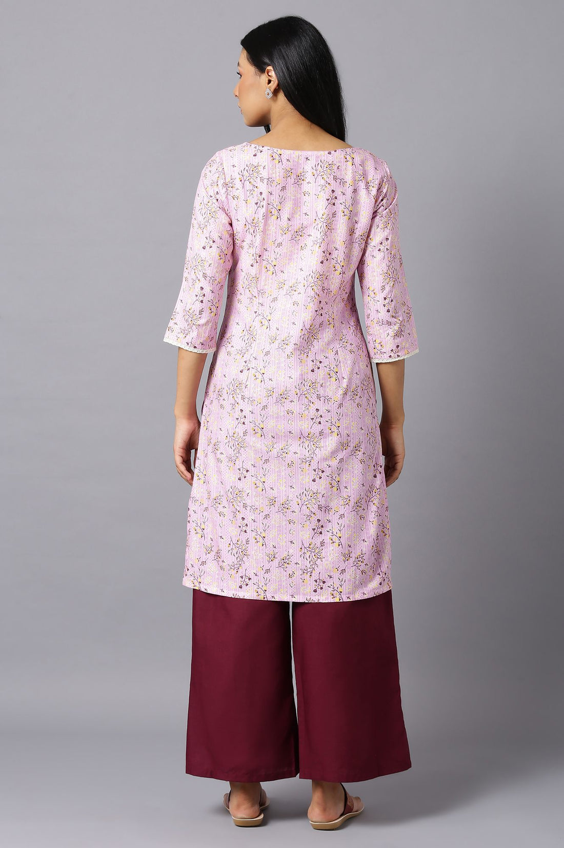 Aure Collection By Aurelia Pink Floral Printed kurta With Wine Palazzo