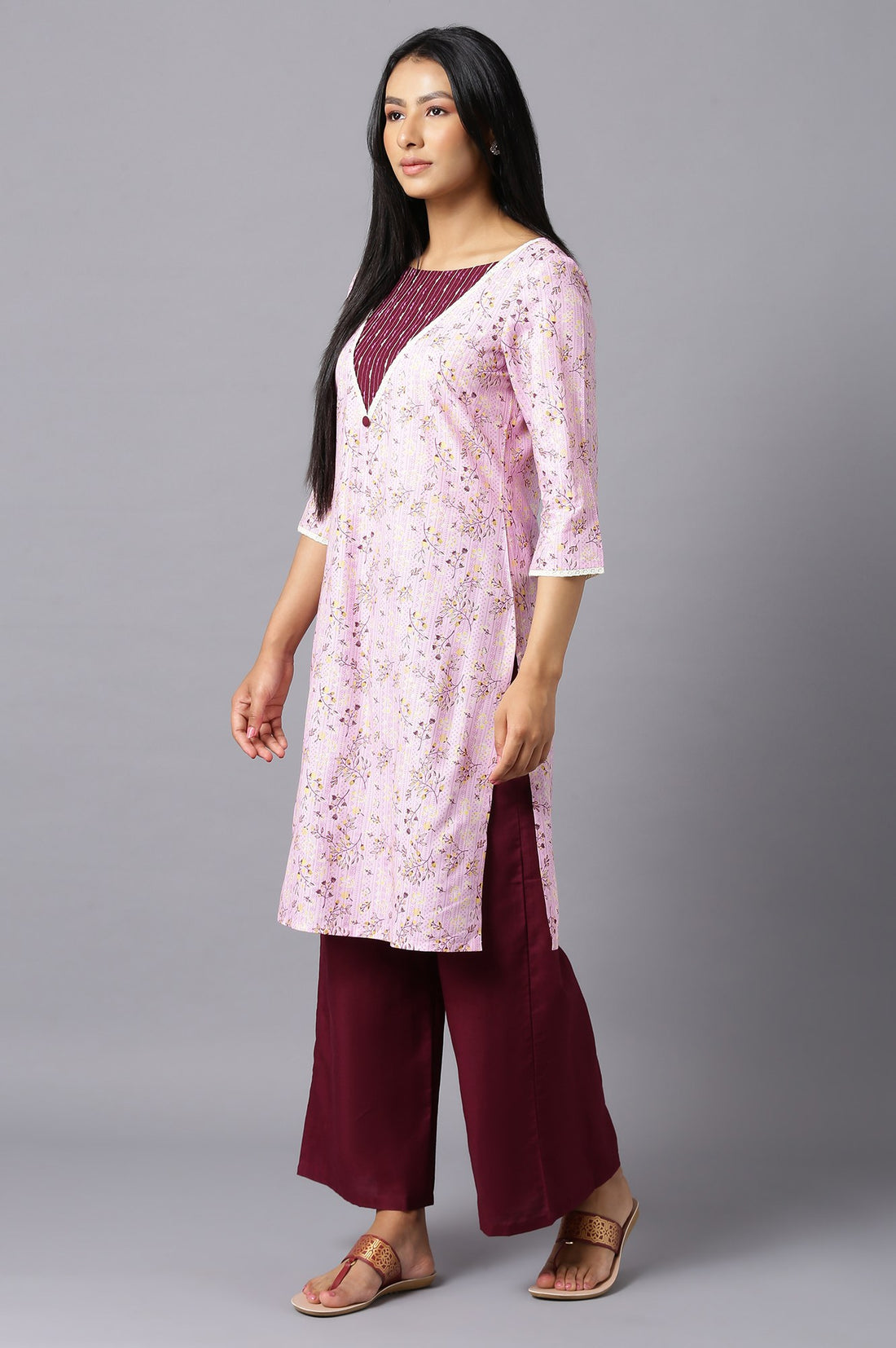 Aure Collection By Aurelia Pink Floral Printed kurta With Wine Palazzo
