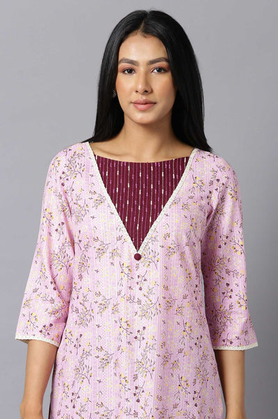 Aure Collection By Aurelia Pink Floral Printed kurta With Wine Palazzo