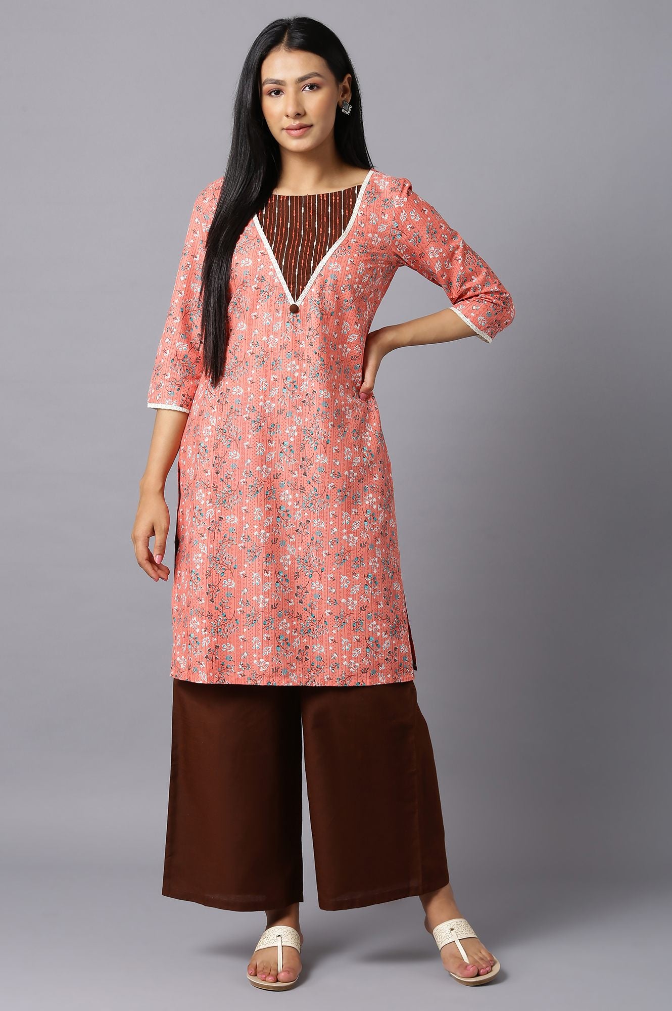 Aure Collection By Aurelia Orange Floral Printed kurta With Brown Palazzo