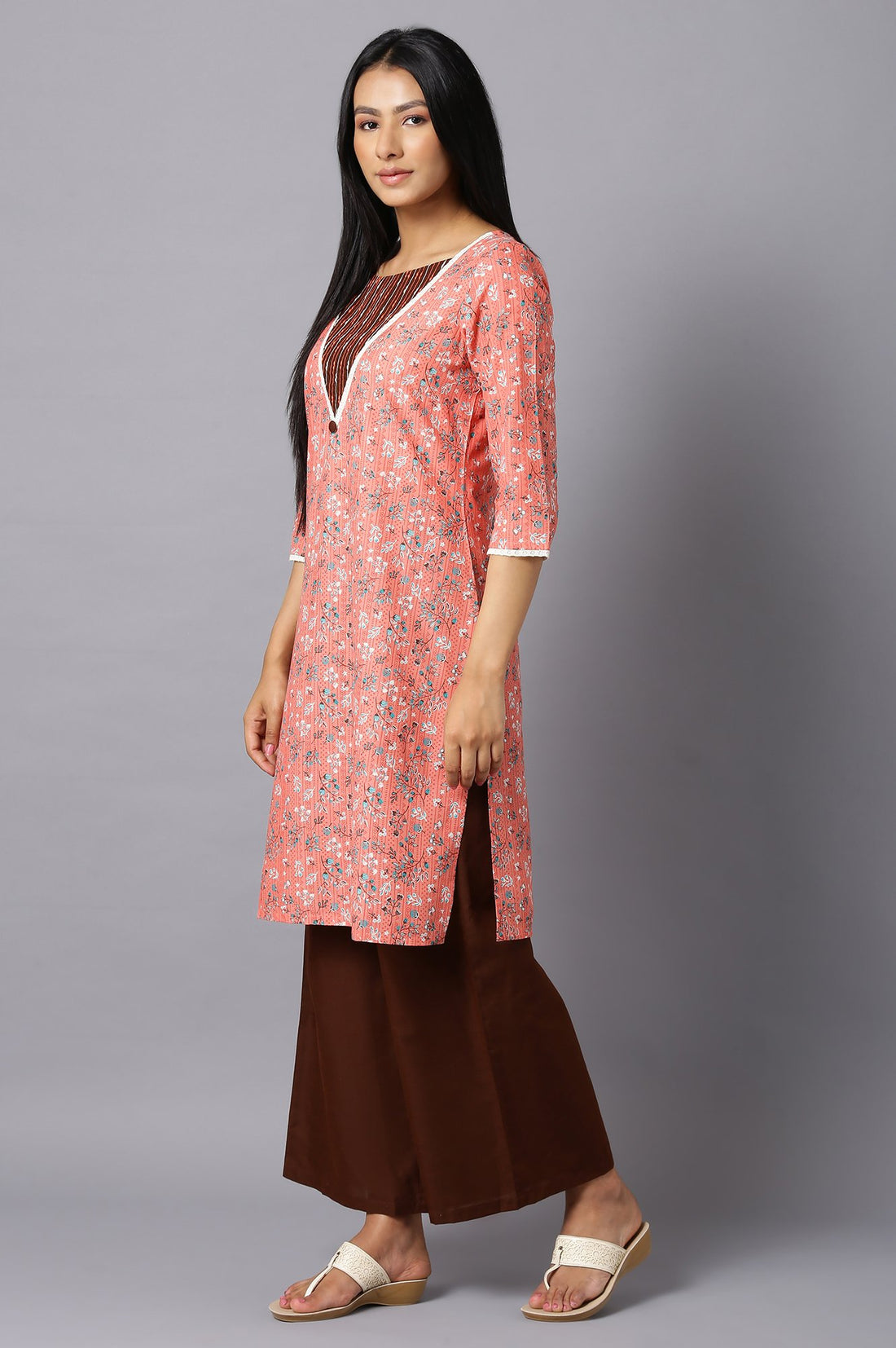 Aure Collection By Aurelia Orange Floral Printed kurta With Brown Palazzo