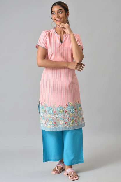 Peach Printed kurta With Blue Palazzos