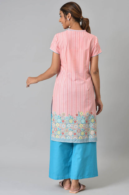 Peach Printed kurta With Blue Palazzos