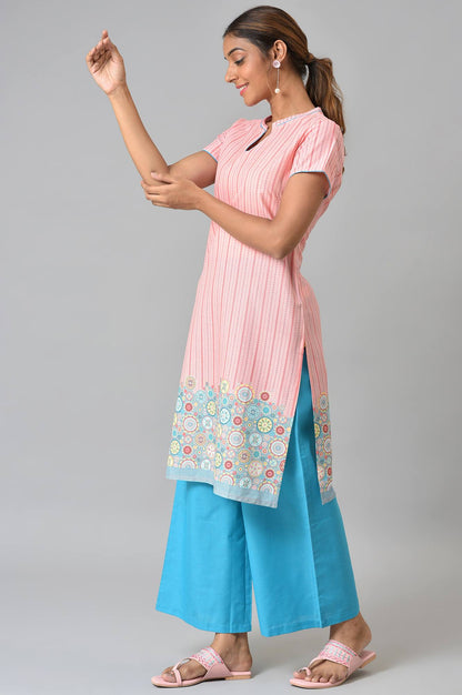 Peach Printed kurta With Blue Palazzos